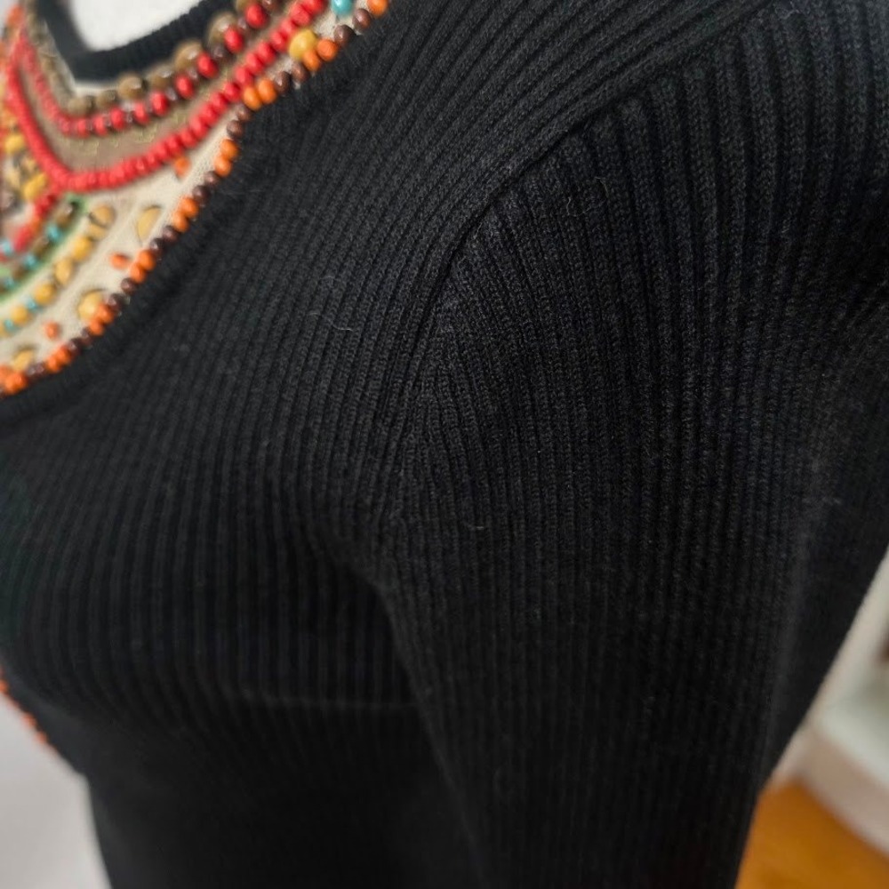 Berek Beaded Ribbed Sweater Womens Medium Black Long Sleeve Boho Knit Top - Picture 8 of 8